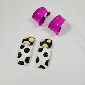 2 Pairs 1980s Statement Earrings Dangle Polka Dot /Hot Pink Fuchsia Funky Large